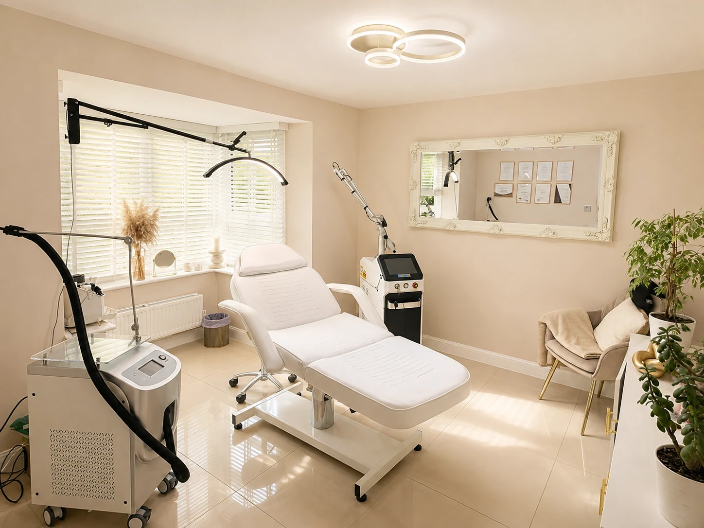 Unink’s private treatment room in Brooklands, Milton Keynes, with a white treatment chair and laser equipment